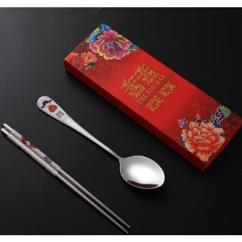 Stainless Steel Dinnerware Double Happiness Red Color Spoons Chopstick Sets Wedding Party Gifts For Guest