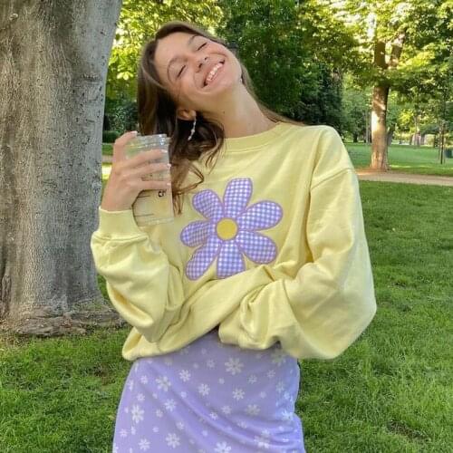 BBK Sweet Girls Sweater O Neck Loose Pullovers Yellow Floral Hoodies Fairycore Aesthetic High Street Casual Fashion Tops 21 New