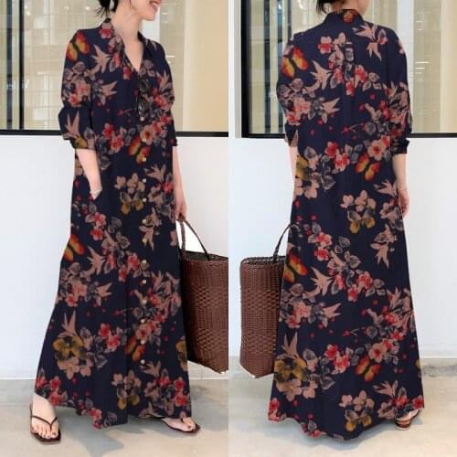 Vintage Printed Shirt Dress Womens Spring Sundress 2021 ZANZEA Casual Long Sleeve Maxi Vestidos Female Button Robe 7