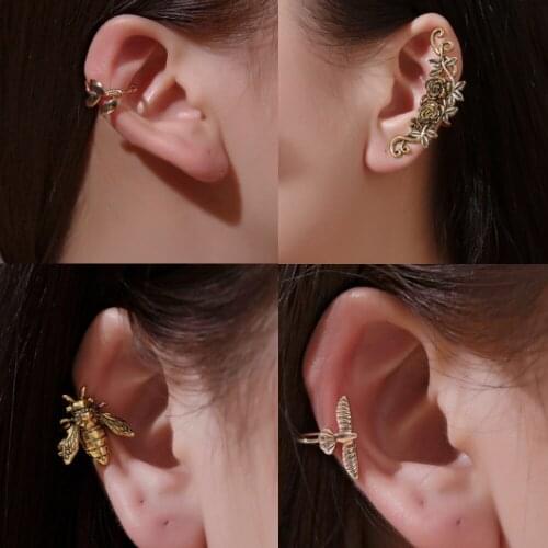 Vintage Little Bird Bee Leaf Ear Cuff Non Pierced Clip Earrings for Women Trendy Punk Small Carved Rose U Shape Earrings