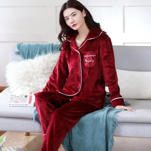 Women Thicken Flannel Warm Pajamas Wine Red Pyjamas Set Long Sleeve Sleepwear Pijama Pajamas Suit Female Sleep Two Piece Set