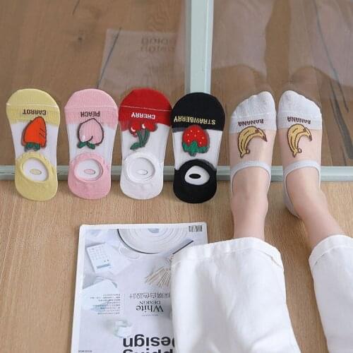 Womens Cotton invisible Socks Slipper Summer Mesh Thin Fruit Print Boat Short Sock Female Silicone No show Ankle Socks for Girl