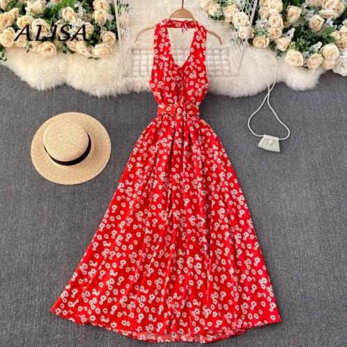 Women Sexy Floral Dress Summer V Neck Nech-mounted Slim A-line Midi Elegant Dresses Ladies Boho Long Robe with Belt Vestidos