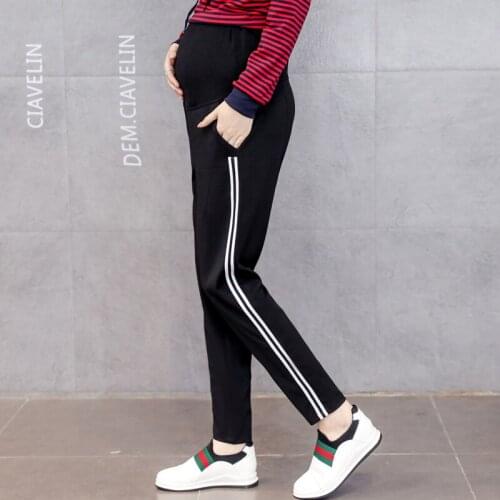 116# Maternity Pants Spring Autumn Casual Pants Loose Comfy Belly Support Pants Elastic Waist Striped Maternity Trousers