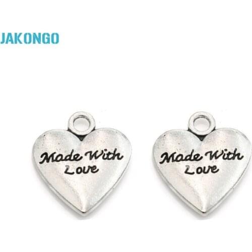 5pcs Antique Silver Plated Made with Love Heart Charms Beads Pendants for Jewelry Making DIY Handmade 19x17mm