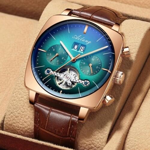 AILANG Men Watch Mechanical Automatic Watches Green Square Wrist Watch Tourbillon Mens Sports Waterproof Relojes Hombre 8622