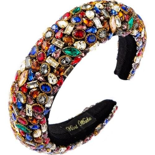 Baroque Sponge Headbands for women luxury colorful rhinestone hair accessories hairband for catwalk fashion crystal headdress