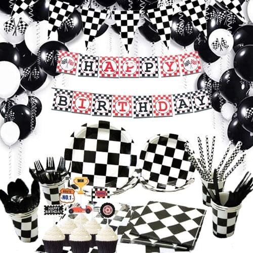 Black White Racing Flag Latex Balloons Disposable Tableware Set Racing Car Birthday Party Decorations Paper Plates Cups Banner