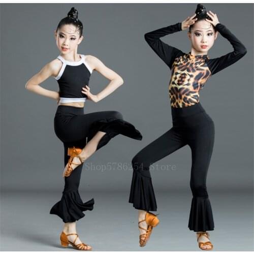 Kids Girls Latin Dance Dress Ballroom Salsa Tango Suit Leopard Print Top Black Thin Lace Leg Pants Stage Performance Costume