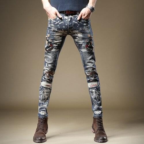 Men Jeans Fashion Embroidered Printed Stretch Denim Trousers Streetwear Cotton Blue Straight Slim Fit Pants