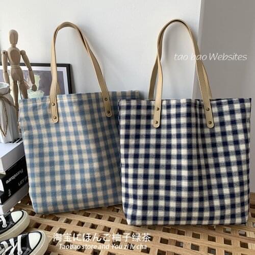 2021 Hot Selling Women Canvas Square Shoulder Bags Plaid Large Capacity Summer Korean Students Handbags Tote Blue