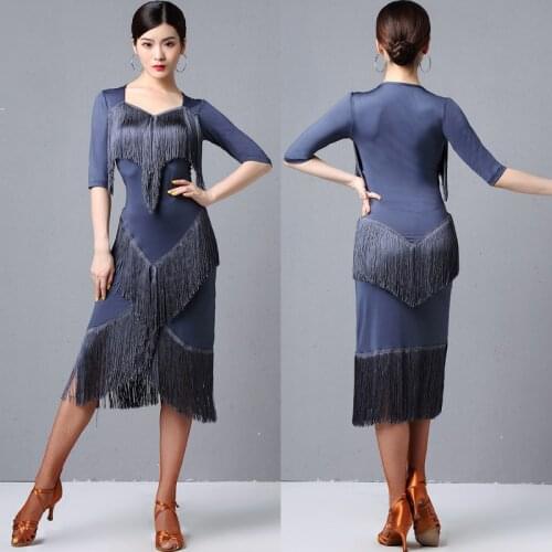 Latin Dance Costume Women Adult Practice Clothing Latin Samba Dress Female Sexy Fringe Long Tango Performance Dresses DQL2143