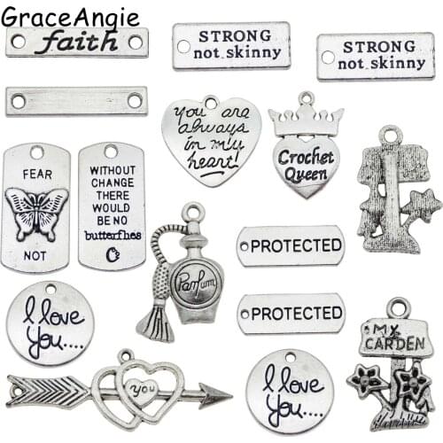 10Pcs Mix Charms With Letter Heart Round Geometrice Shape I LOVER YOU faith Prayer Words Handmade Jewelry Findings