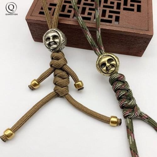 Brass Evil Doll Face Round Knife Beads Key Chain Lanyard Pendant Jewelry DIY Bracelets Parts EDC Paracord Umbrella Rope Hangings