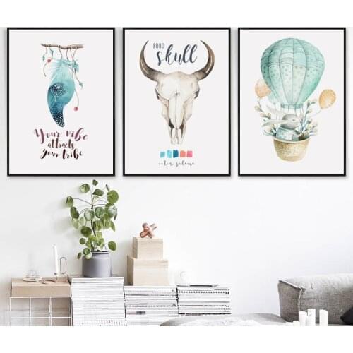 Nordic Style Cute Watercolor Hot Air Balloon Feather Animal Canvas Abstract Painting Poster Bedroom Home Wall Art Decoration