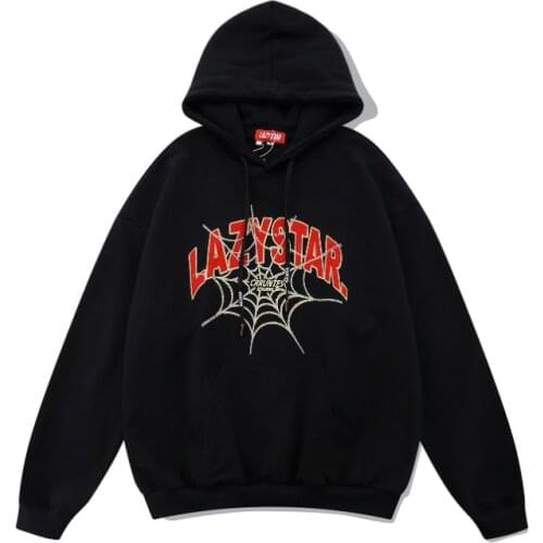 2021 Rhinestone Spider Web Graphic Cotton Mens Oversized Hoodies Pullover Hip Hop Hooded Sweatshirts Gothic Clothes For Teens