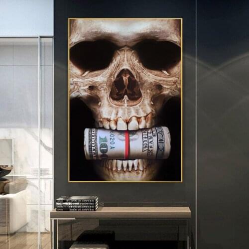 Abstract Skull 100 Dollar Money Wall Art Posters and Prints Canvas Painting Picture for Living Room Home Decoration Cuadros