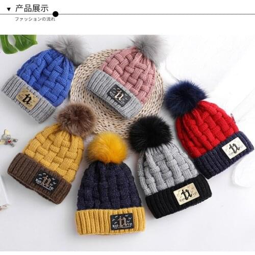 New childrens knitted wool cap thickness warm knit wool cap u letter label knitted wool scarf cap set for boys and girl HT19043