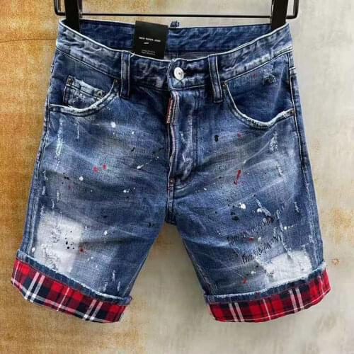 2021 Summer Dsquared2 New Mens Denim Shorts Fashion Plaid Cloth Roll Trousers Worn Out Broken Ink Five-Point Pants