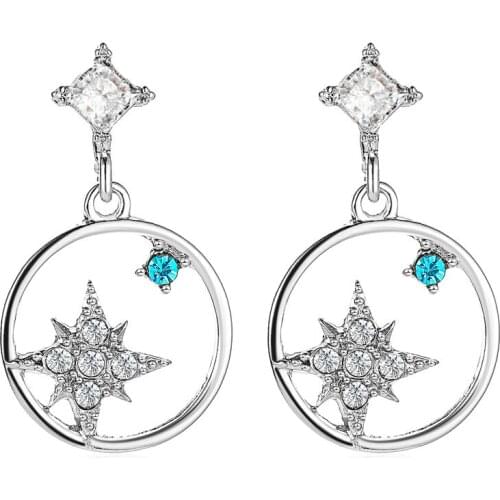 New Fashion Fine Jewelry Circle Star Earring Crystal Octagon Star Drop Long Dangle Stud Earrings Lady Jewelry kolczyki Gift