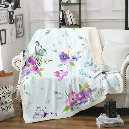 Butterfly Rose Sherpa Throw Blanket Flower Mint Green Throw Blankets for Couch, Sofa Bed Living Room Insect Theme Lilac Flannel