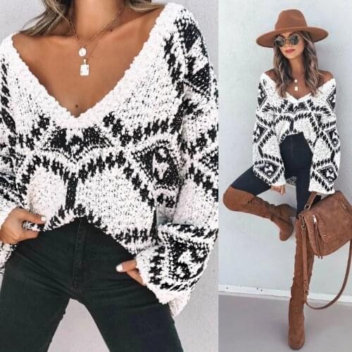 2021 Autumn Winter Loose Womens Knitwear Sweaters Sexy V-Neck Korean Print Knitted Casual Oversized Knit Sweater Pullovers