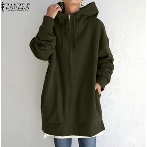 ZANZEA Autumn Hoodies Sweatshirt 2021 Fashion Women Long Sleeve Jackets Casual Hooded Outwear Solid Loose Coats Pullovers
