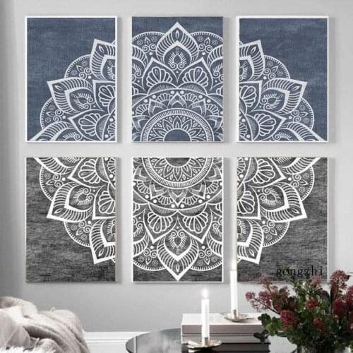 Blue Gray Mandala Pattern Poster Bohemian Abstract Flower Picture and Prints Wall Art Canvas Painting for Living Room Home Decor