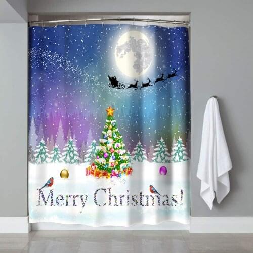 Meryy Christmas and Happy New Year Winter Landscape with Christmas Tree Santa Claus with Deers in Sky