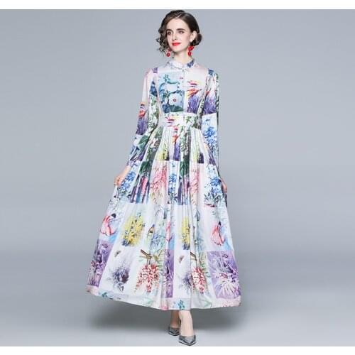 Chic Print Large Swing Pleated Maxi Dresses Chiffon Bohemian A-LINE Ankle-Length STAND Collar Single Breasted Long Sleeve Dress