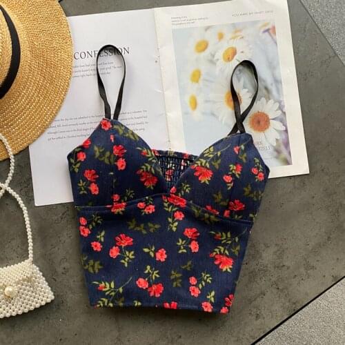 Corduroy Camis Floral Printed Streetwear Pad Crop Top Y2k Tank Fashion Ropa De Mujer Camisole Sleeveless T-shirts For Girls