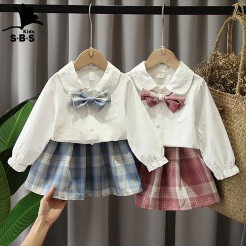 Girls Spring and Autumn Clothes Suit 2021 Childrens College Style Clothes Baby Girl Shirt and Plaid Pleated Skirt Two-piece Set