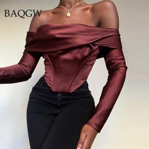 Vintage Off Shoulder Satin Corset Women Tops Long Sleeve Blouses Zip Shirts Wine Elegant Shirts Sexy Backless Party Top Cropped
