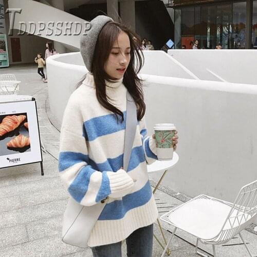 2019 Korean Turtleneck Casual Women Sweater Stripe Lazy Style Knitting Winter Female Sweaters