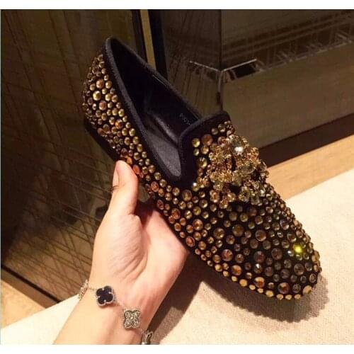 Gold Black 2021 Handmade Rhinestone Men Shoes Crystal Loafers Male Luxury Party Wedding Shoes Slip on Mens Flat shoes