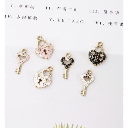 10pcs/lot Key Lock Enamel Charms Metal Gold Pendants Handmade Craft Charms for DIY Jewelry Making