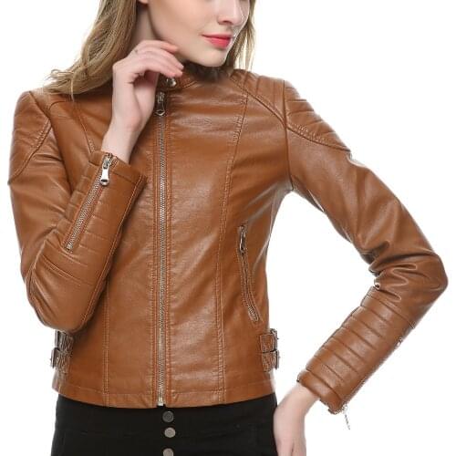 2021 Brown Black Faux Leather Jacket Women Short Slim brand Motorcycle Biker Jacket White Leather Coat Chaquetas Mujer 5 Colors