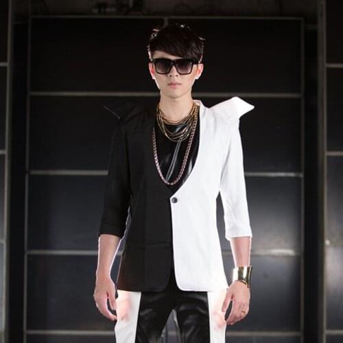2020 New Mens Clothing Dj Fashion Personality Black White Split Joint Suit Jacket Coats Men Plus Size Stage Singer Costumes