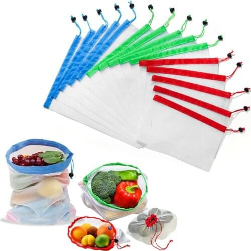 5Pcs/Pack Reusable Mesh Produce Bags with Drawstring Lightweight Washable and See Through Color Band for Easy to Pick L M S Size