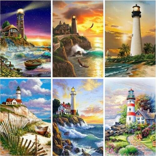 Huacan Diamond Mosaic Embroidery Seaside Paintings For Interior 5D DIY Diamond Painting Lighthouse Landscape Home Decor