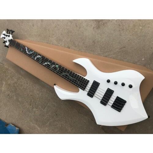 Free shipping 5 string bass guitar, irregular bass,maple neck set in body,rosewood fret pearl snake inlay,black button,4 swtich