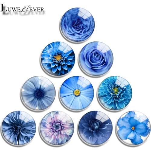 10mm 12mm 16mm 20mm 25mm 30mm 734 Blue Flower Mix Round Glass Cabochon Jewelry Finding 18mm Snap Button Charm Bracelet