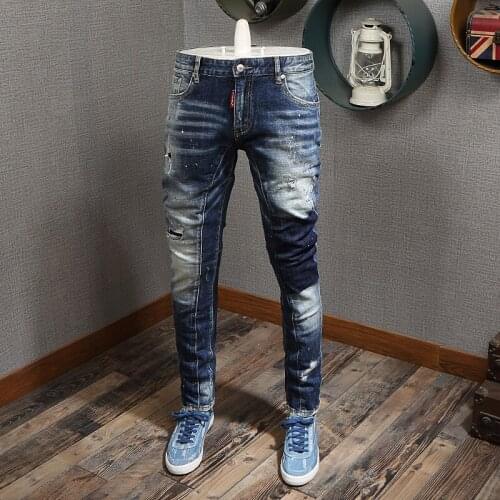 Fashion Streetwear Men Jeans Retro Blue Wash Spliced Designer Ripped Jeans Men Baggy Pants Slim Fit Elastic Hip Hop Jeans Homme