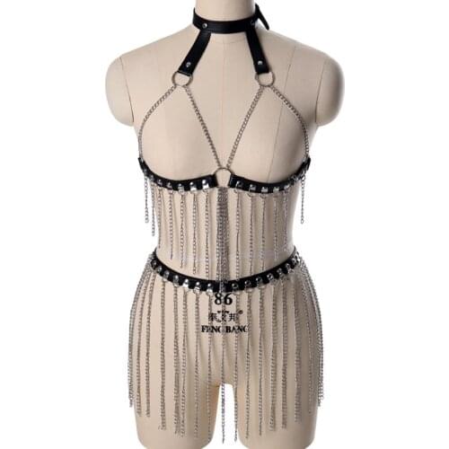 Leather Chain Body Bondage Harness Set Belts Sexy Women Lingerie Hanging Neck Hollow Sling Bra Tassel Tops With Chain Skirt