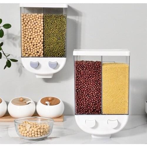 2L Kitchen Whole Grains Cereal Dispenser Divided Sealed Storage Tank 2 Grids Wall-Mounted Food Storage Containers