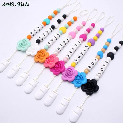 MHS.SUN Food Grade DIY Silicone Personalised Name Baby Pacifier Clips Silicone Holder 5PCS Infant Dummy Pacifier Chain Clip