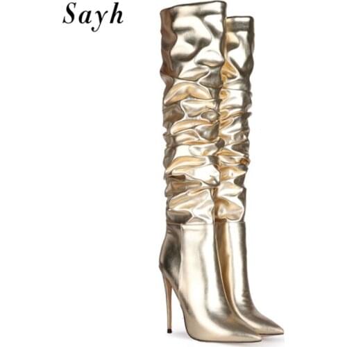 Fasion Sexy Women Knee High Boots Pointed Toe Thin Boots Heels Silver Pleated Pull On Modern Runway Shoes Size Plus