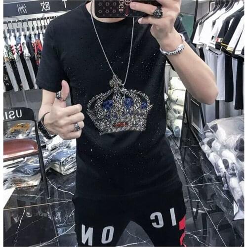 Slim new mens designer T-shirt mens short sleeve fashion diamond round neck fitness top T-shirt