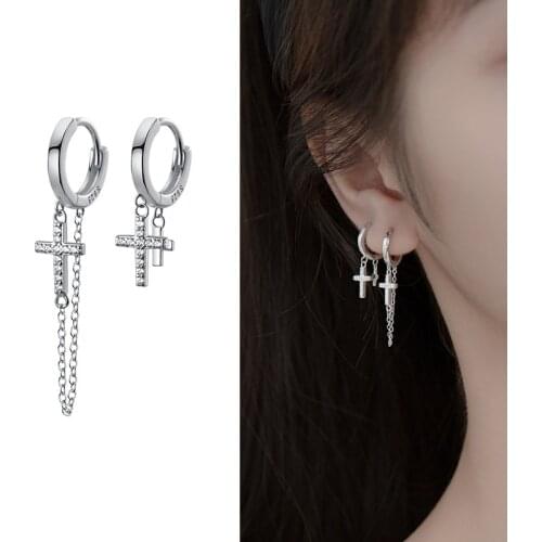 Real 925 Sterling Silver Asymmetric Cross Drop Earrings Dainty Zircon Cross Tassel Earring Hypoallergenic Jewelry for Women