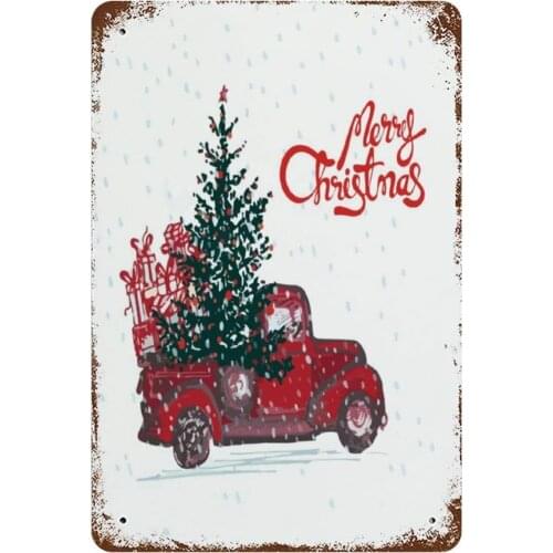 NoBrands Vintage Retro Metal Tin Sign Wall Decor Art Merry Christmas Red Truck with Christmas Tree Home Decor Plaque Poster